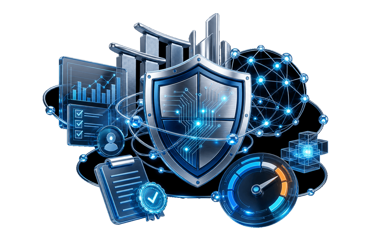 Enterprise AI governance shield with audit compliance and maturity assessment visualization